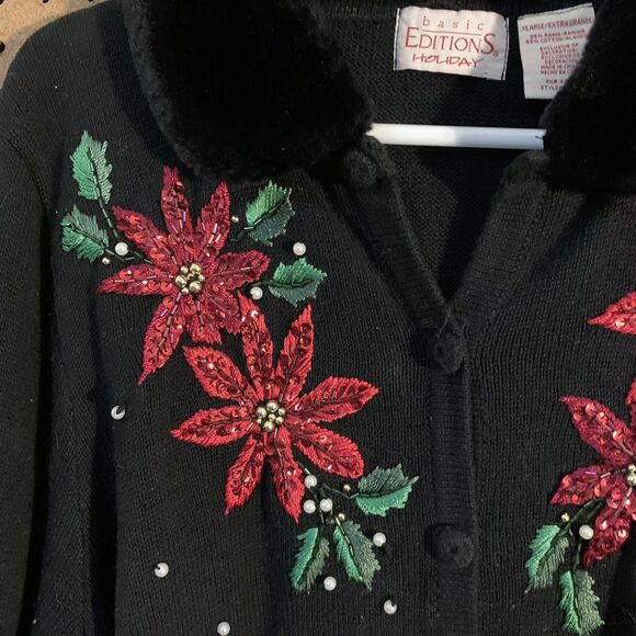 VTG Christmas Sweater Basic Editions Sequined Poinsettias Size XL Novelty Pearl - Picture 3 of 7
